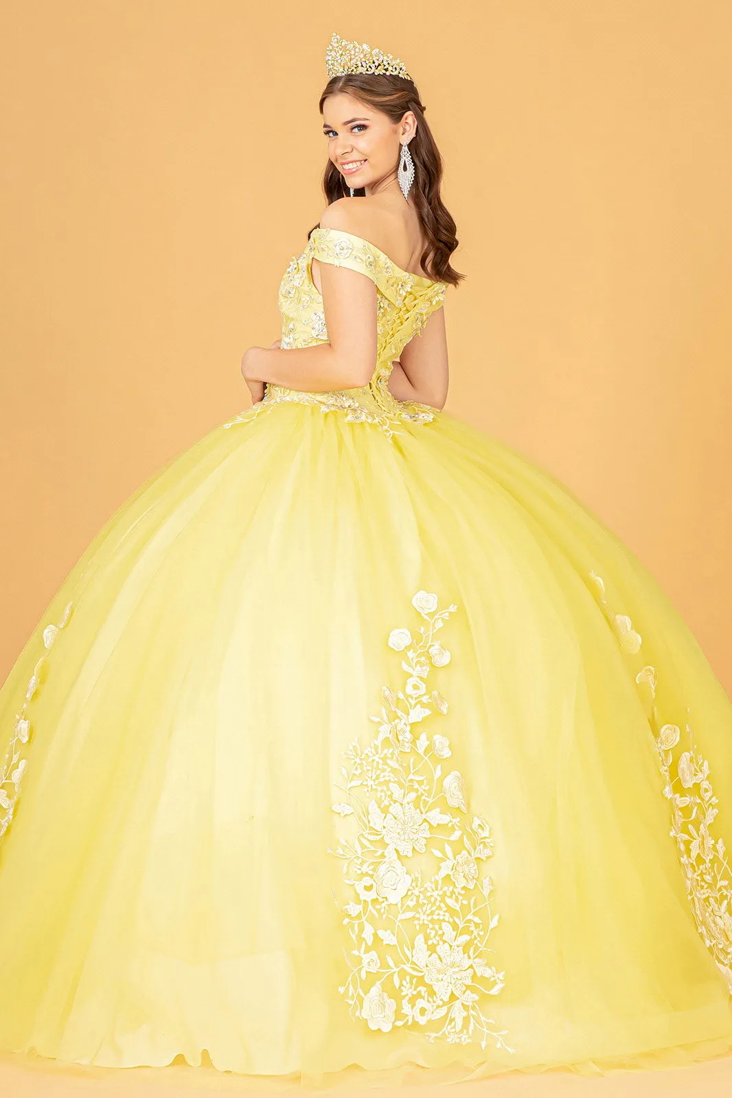 Floral Embroidery and Jewel Embellished V-Neck Mesh Ball Gown GLGL2802
