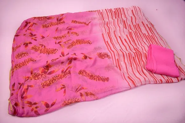Floral Print Pink Color Chiffon Saree