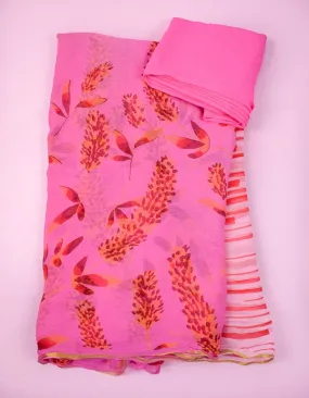 Floral Print Pink Color Chiffon Saree