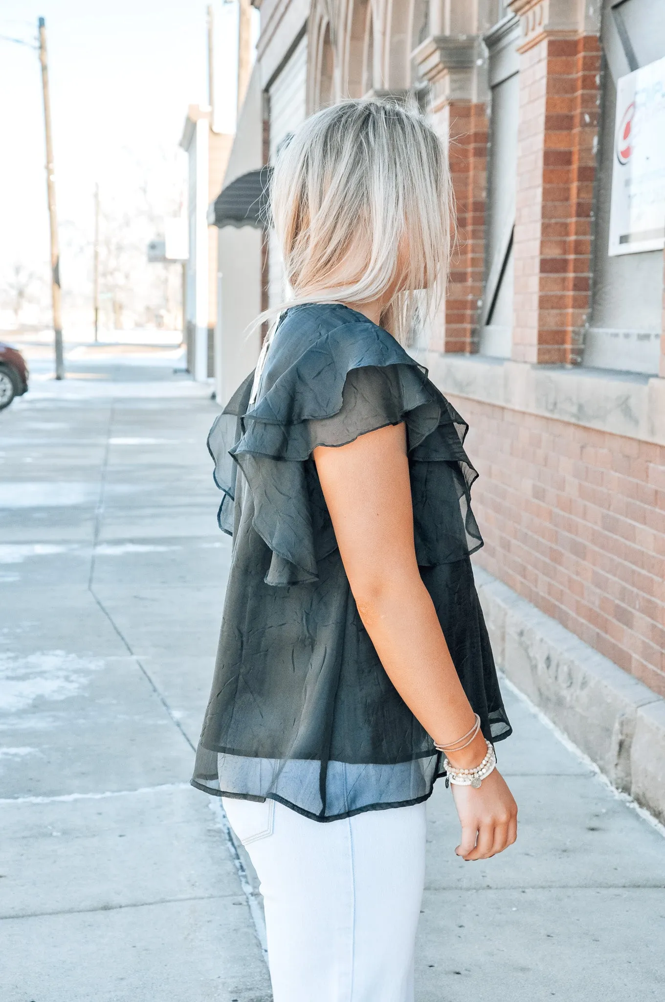 Flutter Sleeve Sheer Layered Blouse