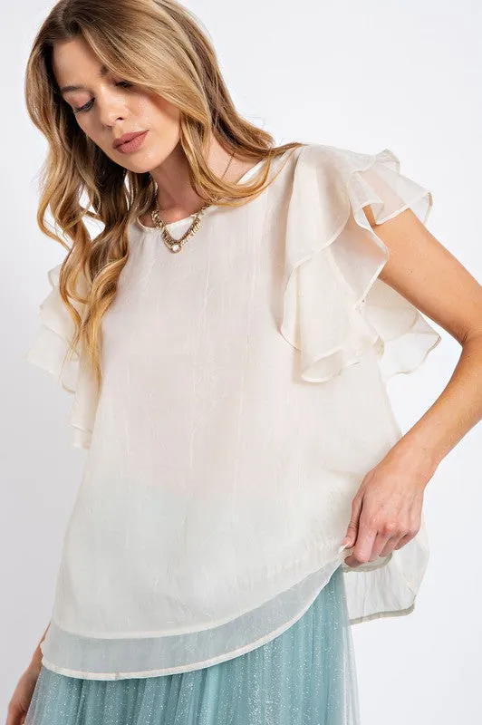Flutter Sleeve Sheer Layered Blouse