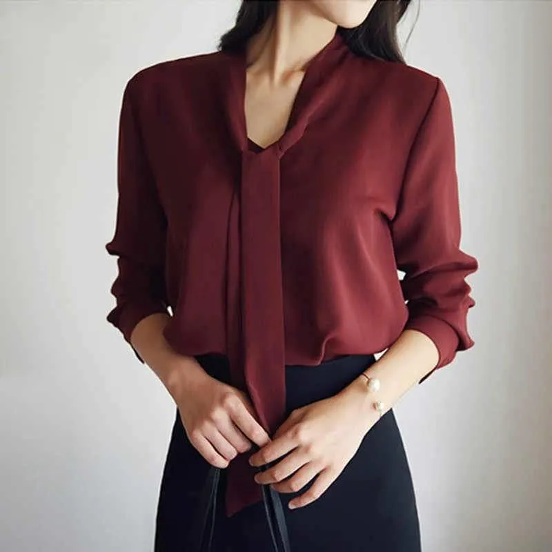 Front Tie Loose Chiffon Solid Color Blouse