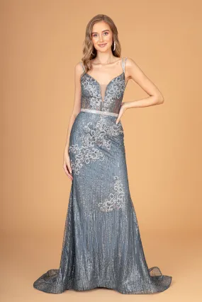 GL 2889 - Floral Embroidered Fit & Flare Prom Gown with Glitter Sequin & Jeweled Waistband