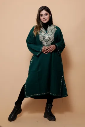 Green Color Kashmiri  Work Embroidered Phiran Enriched With Zari Neckline Pattern