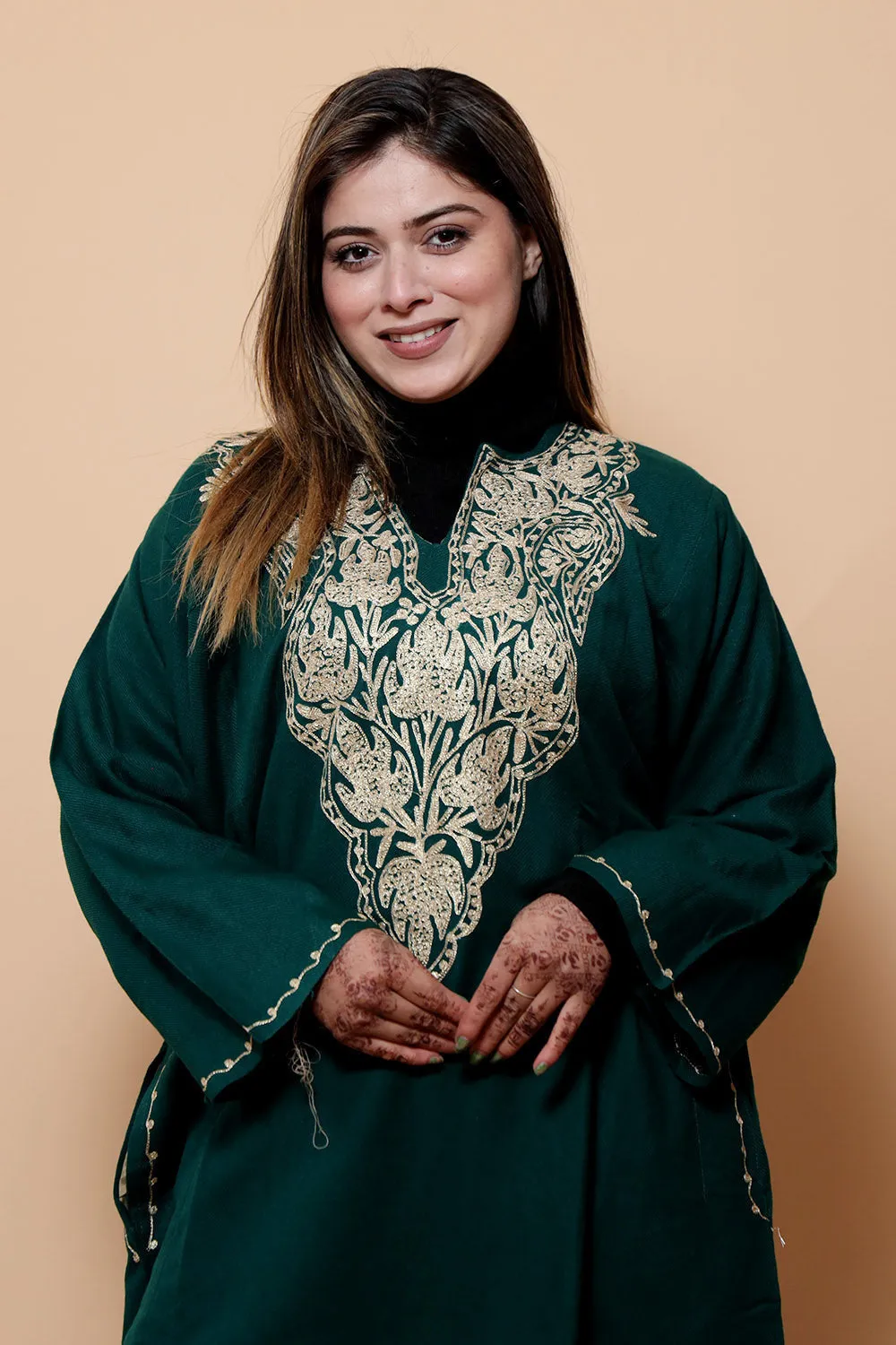 Green Color Kashmiri  Work Embroidered Phiran Enriched With Zari Neckline Pattern