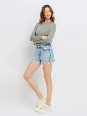 High Rise Raw Distressed Hem Shorts