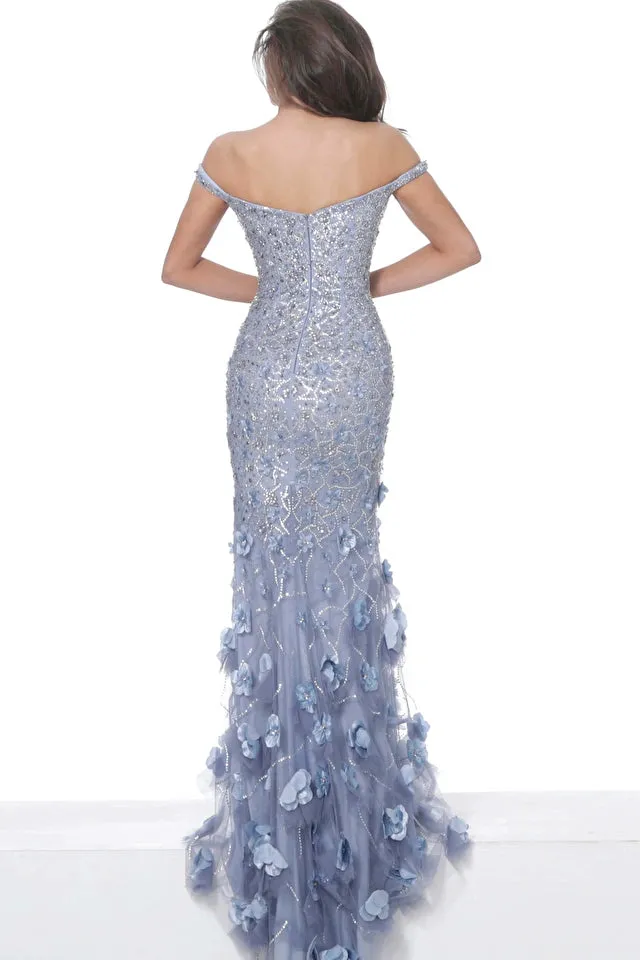 Jovani - 03191 - Violet Floral Appliques Plunging Neck Dress