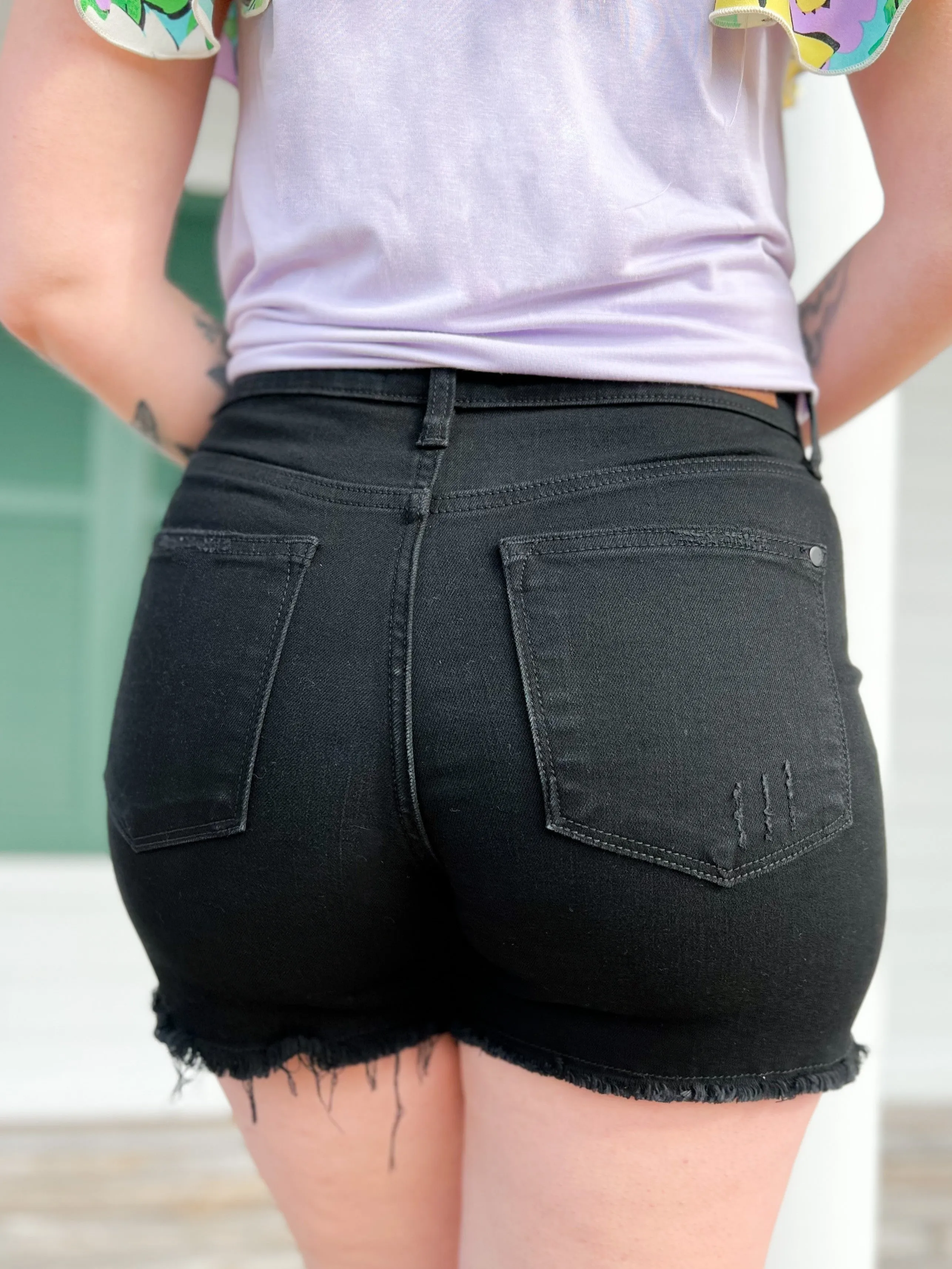 Judy Blue Field of Tulips black frayed Tulip Hem Shorts