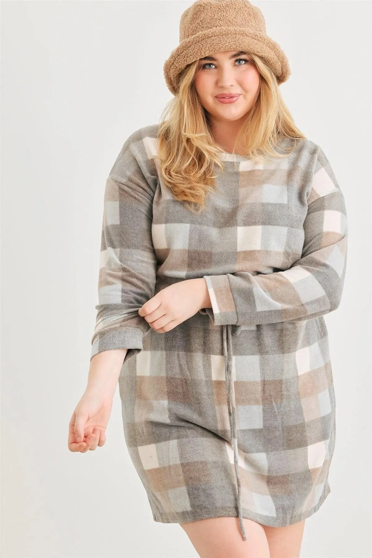 Junior Plus Grey & Taupe Plaid Elastic Waist Long Sleeve Mini Dress /3-2-1