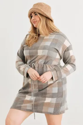 Junior Plus Grey & Taupe Plaid Elastic Waist Long Sleeve Mini Dress /3-2-1