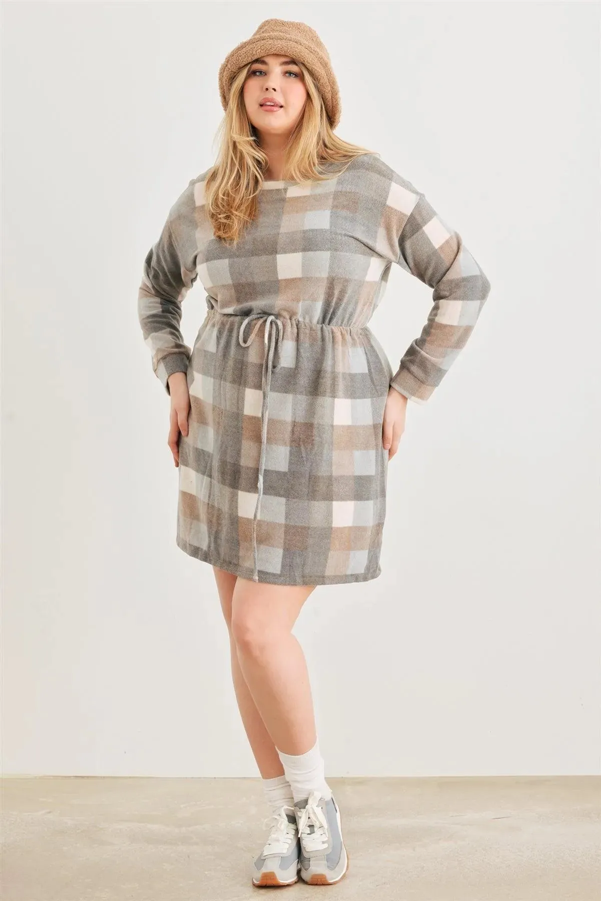 Junior Plus Grey & Taupe Plaid Elastic Waist Long Sleeve Mini Dress /3-2-1