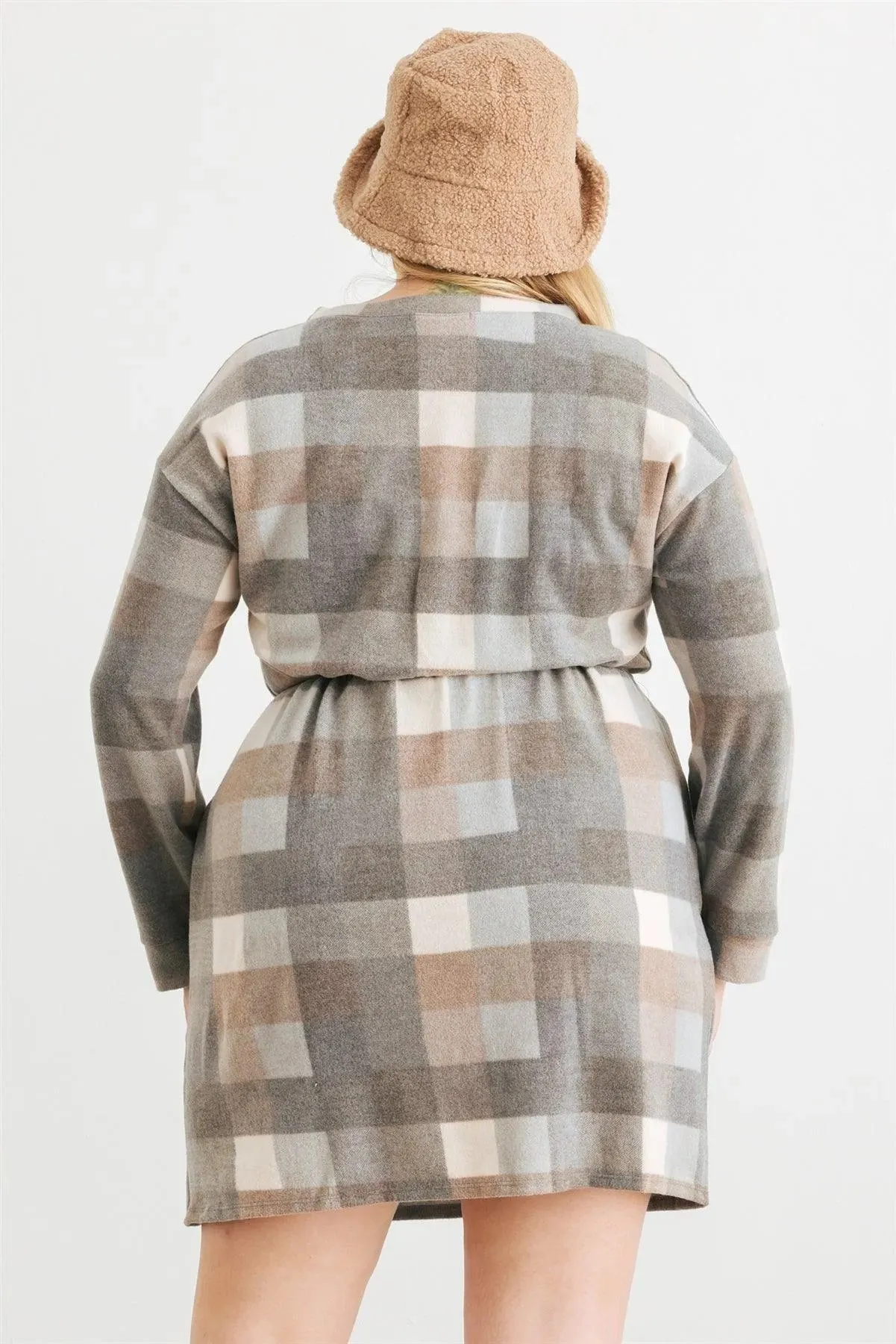 Junior Plus Grey & Taupe Plaid Elastic Waist Long Sleeve Mini Dress /3-2-1