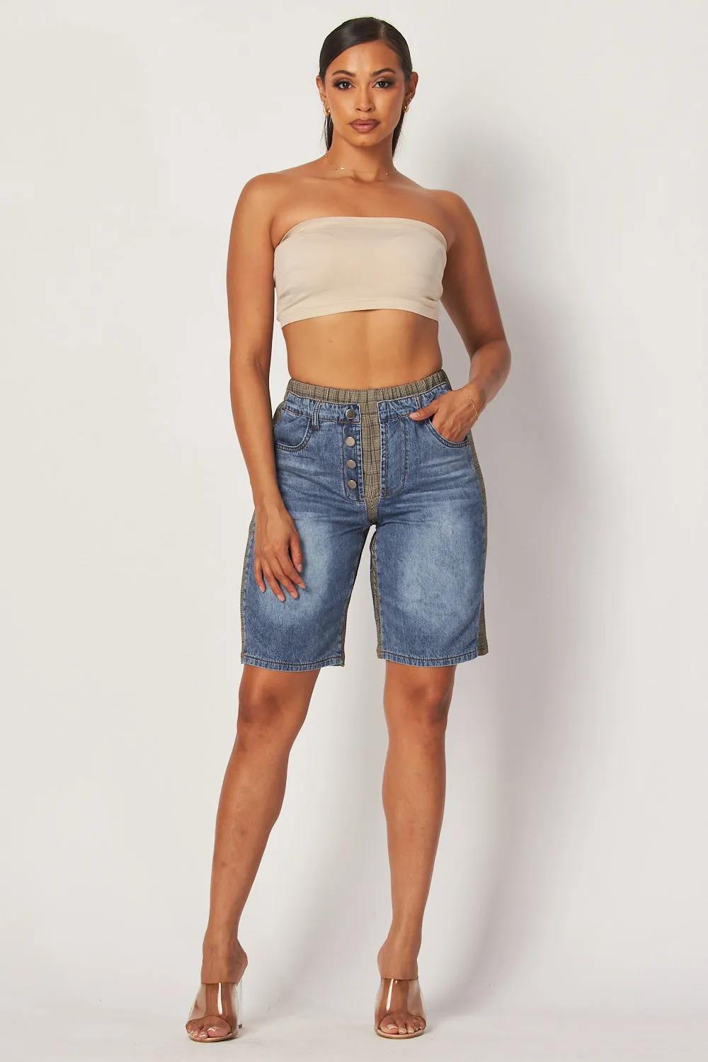 Kayla Plaid Denim Mix Bermuda Jeans Shorts