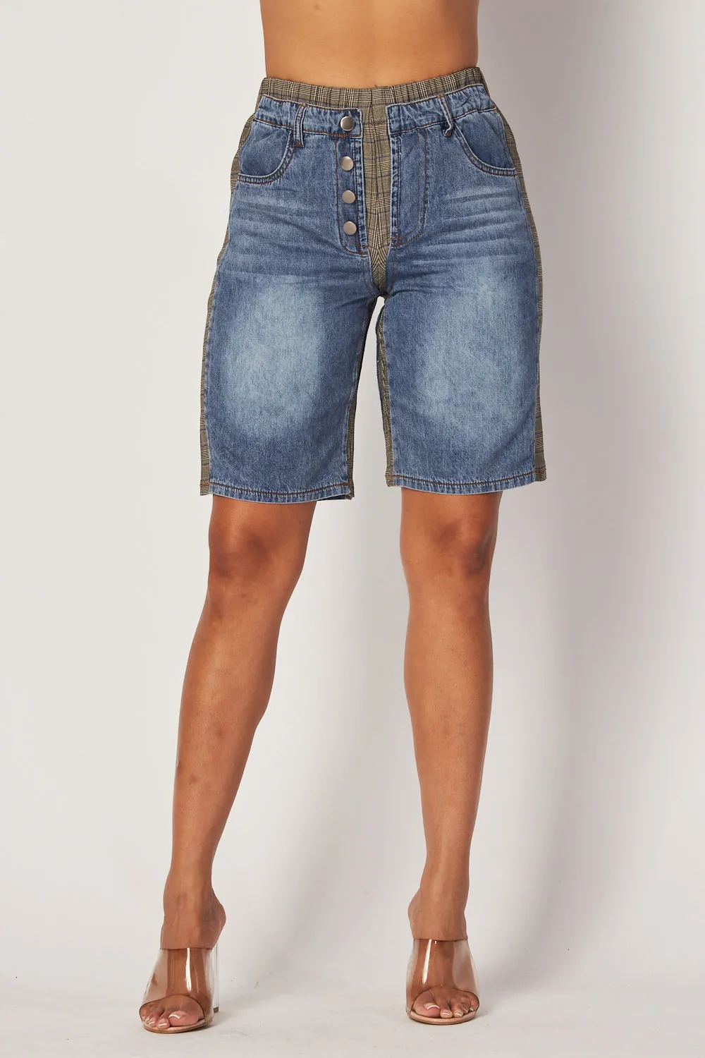 Kayla Plaid Denim Mix Bermuda Jeans Shorts