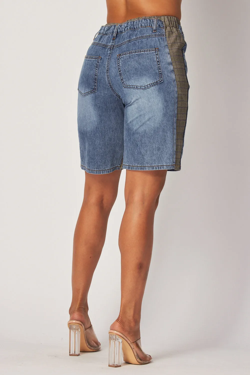 Kayla Plaid Denim Mix Bermuda Jeans Shorts