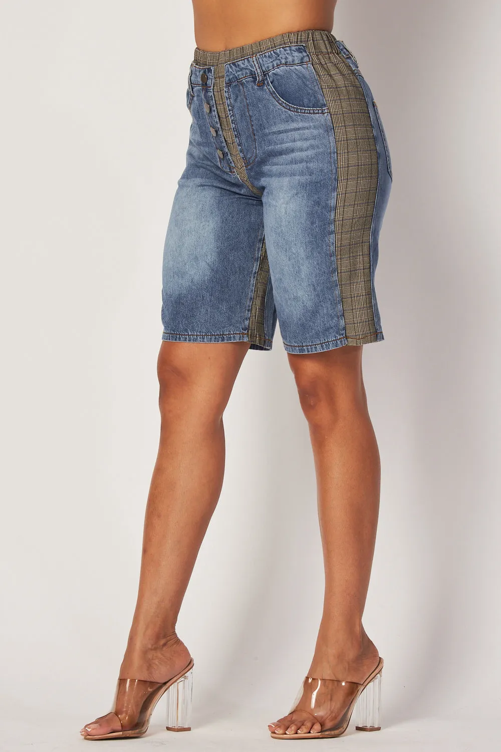 Kayla Plaid Denim Mix Bermuda Jeans Shorts