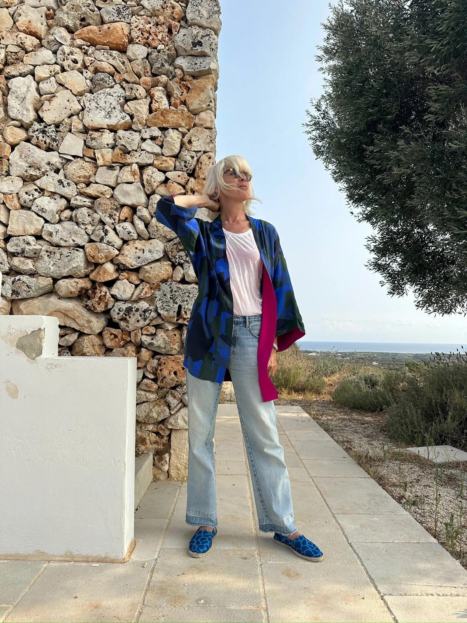 Kimono - Blue Camouflage inside Fuchsia