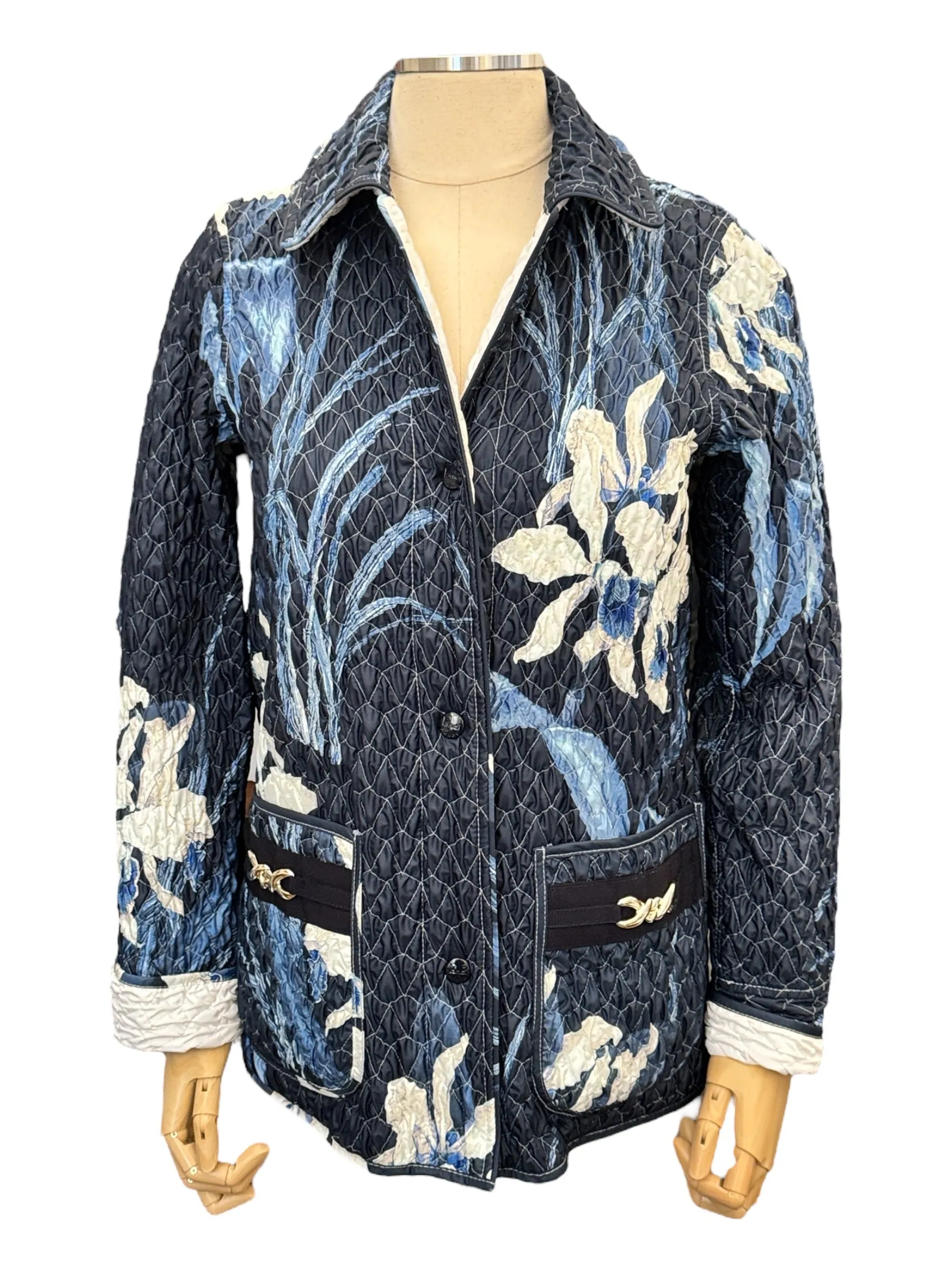 Landi Reversible Quilted Jacket Navy Floral/White