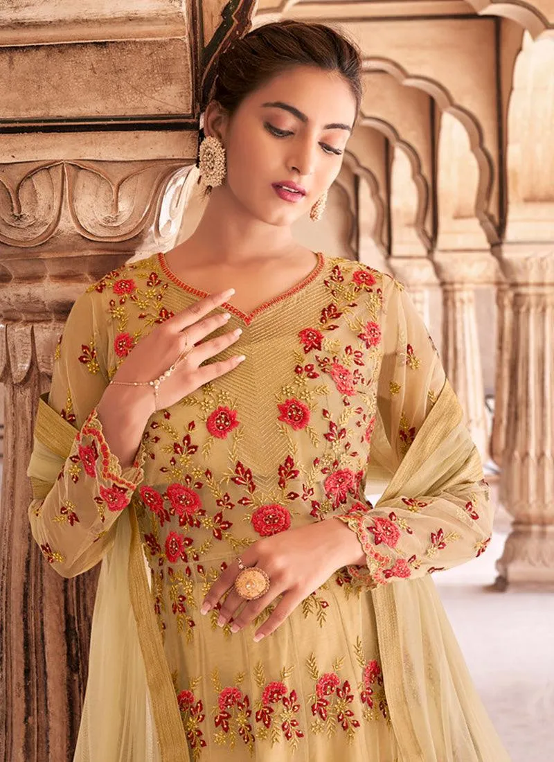 Light Beige Color Heavy Embroidered Swaroski Work Soft Net Base Gown