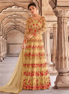 Light Beige Color Heavy Embroidered Swaroski Work Soft Net Base Gown