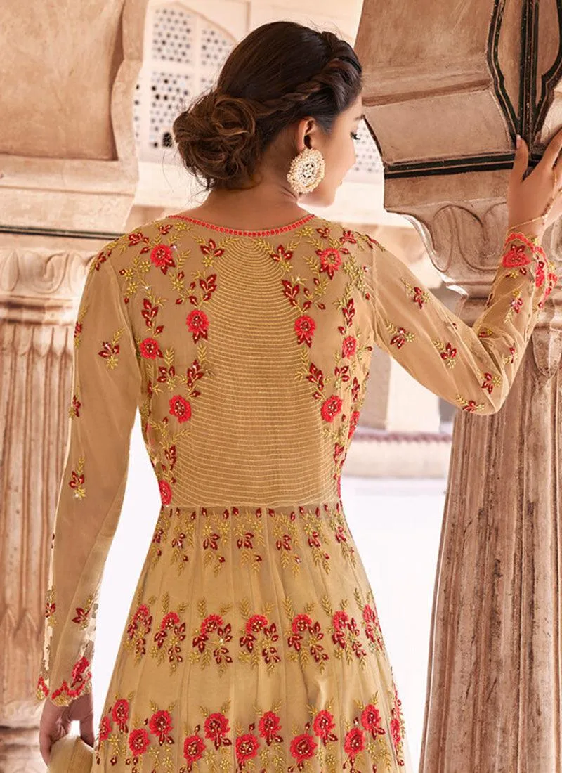 Light Beige Color Heavy Embroidered Swaroski Work Soft Net Base Gown