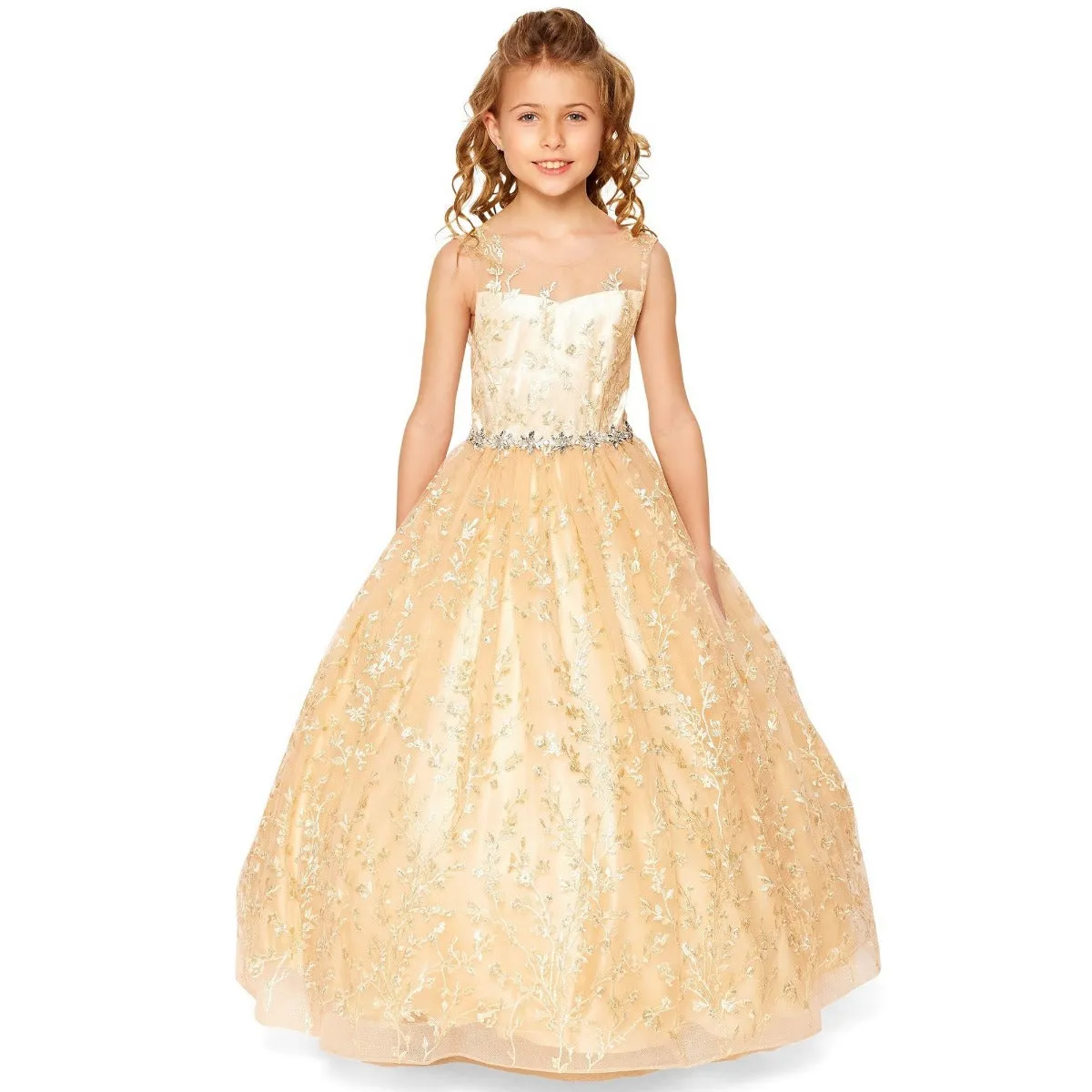 Little Girls Champagne Glitter Embroidered Rhinestone Belt Ball Gown 2-6