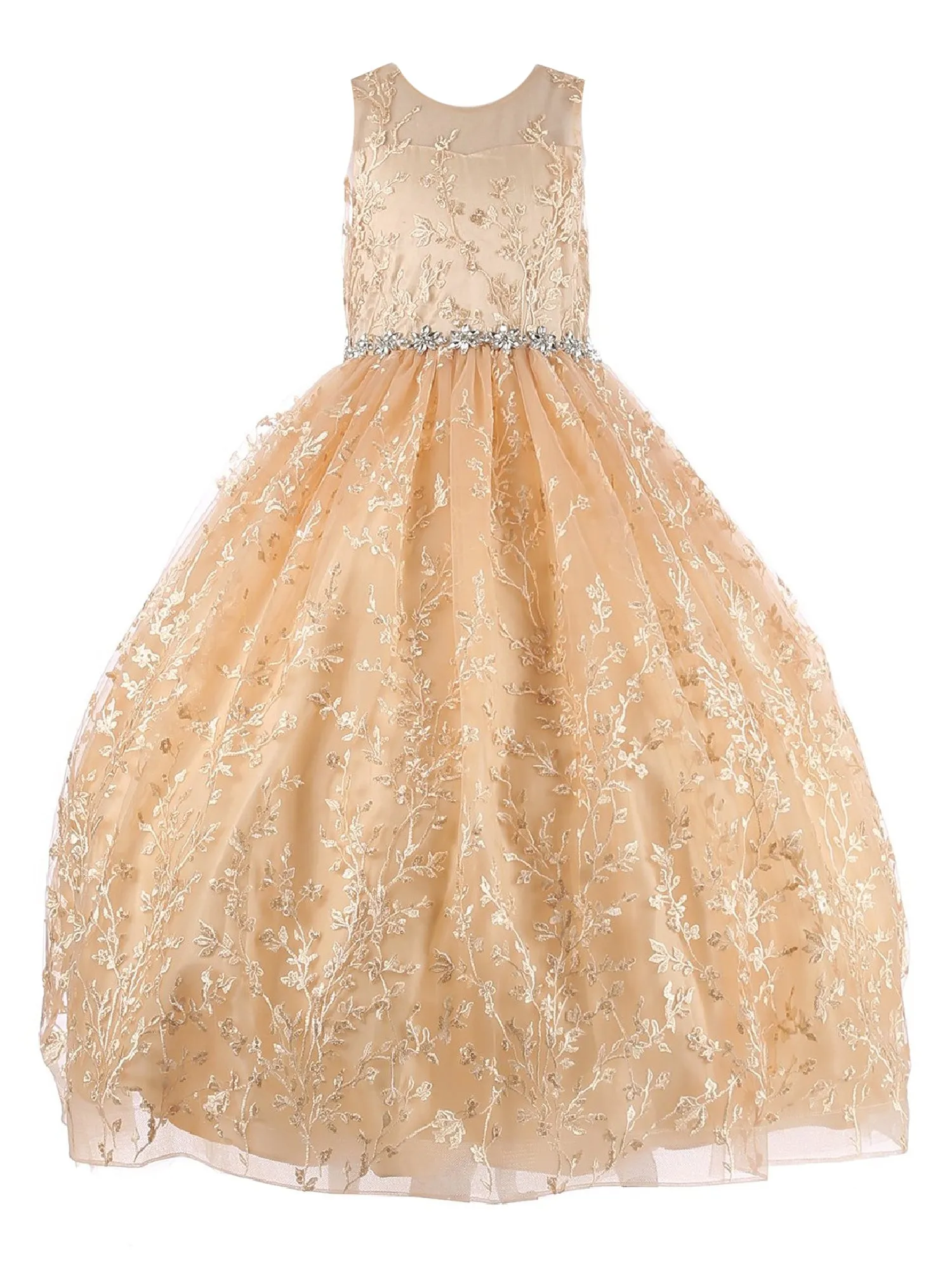 Little Girls Champagne Glitter Embroidered Rhinestone Belt Ball Gown 2-6