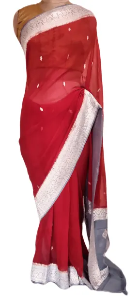 Maroon Grey Banarasi Pure Khaddi Chiffon Saree MK02