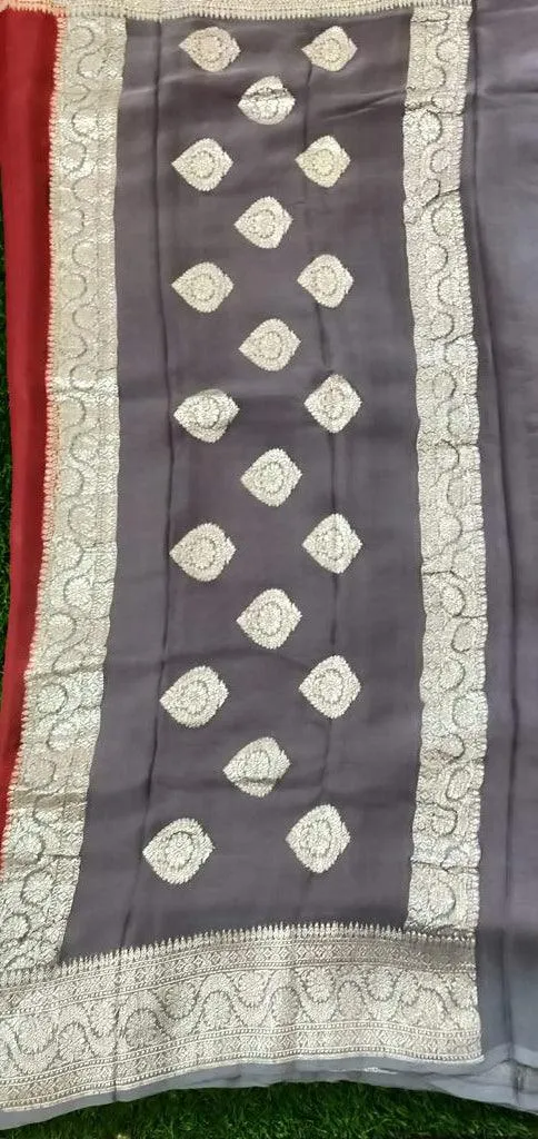 Maroon Grey Banarasi Pure Khaddi Chiffon Saree MK02