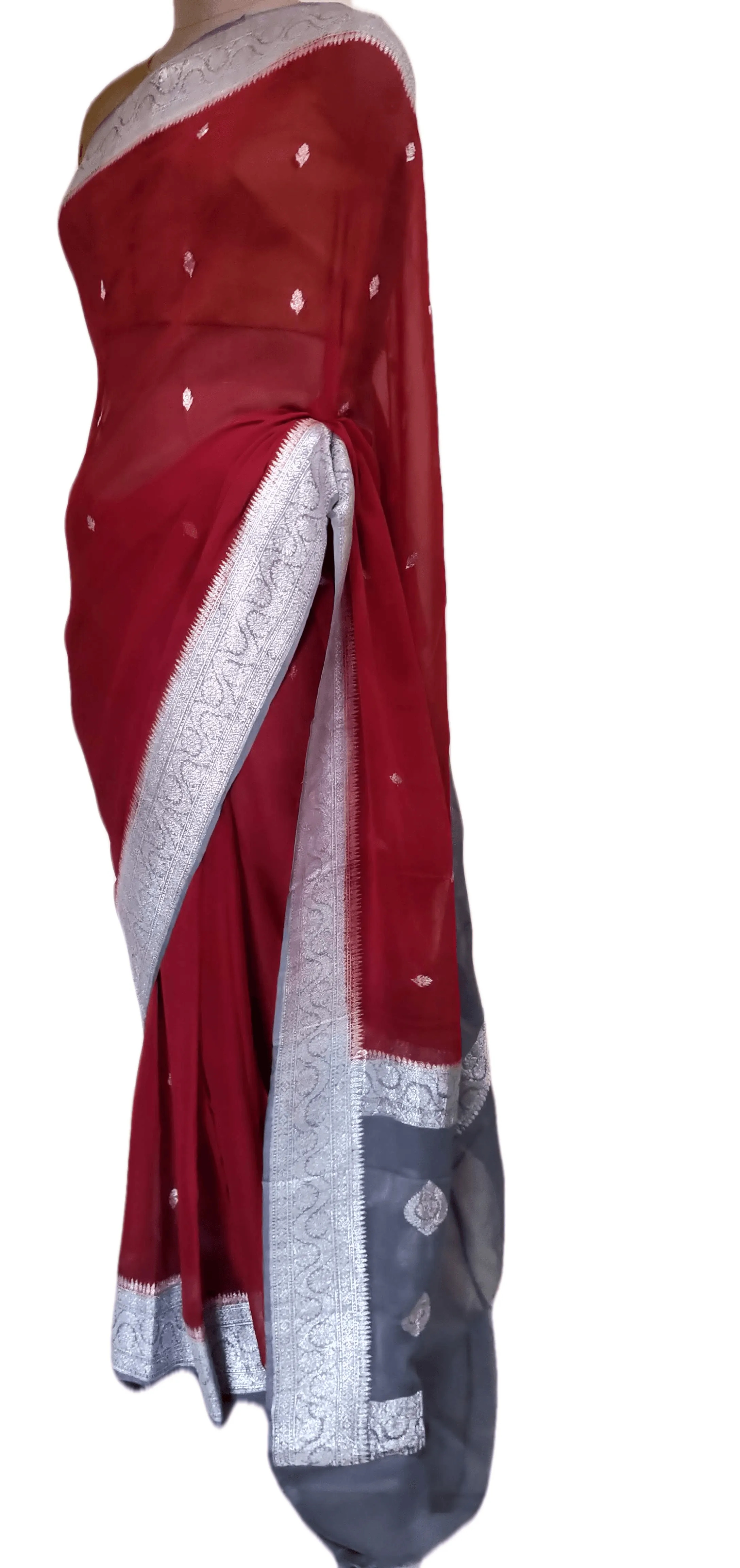 Maroon Grey Banarasi Pure Khaddi Chiffon Saree MK02