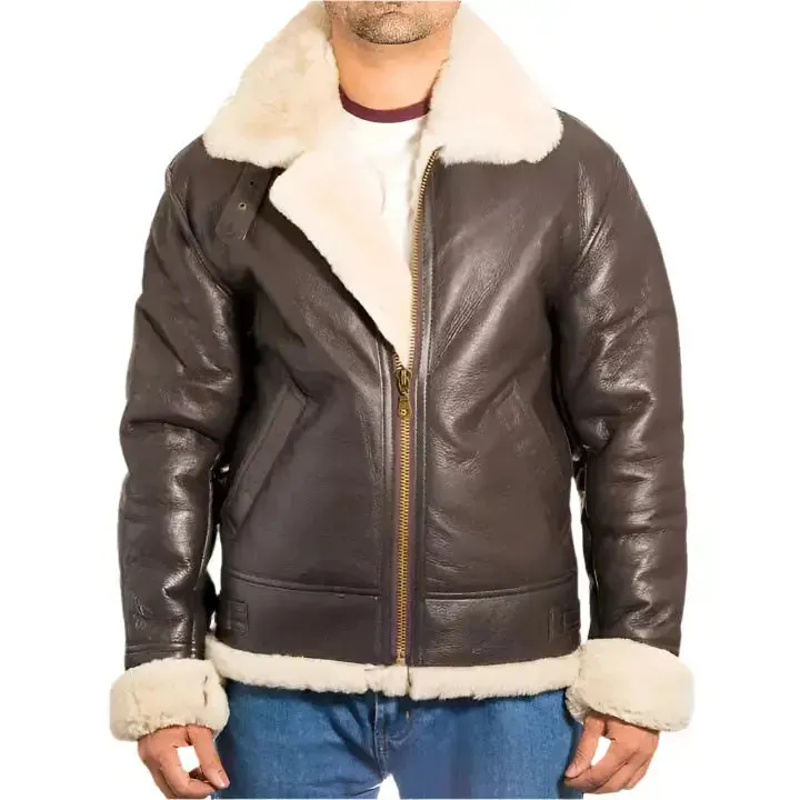 Men's Aviator B3 Dark Brown Sheepskin Bomber Jacket – Classic & Warm