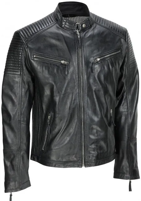 Men's Black Vintage Biker Style Waxed Sheep Skin Fashion Jacket