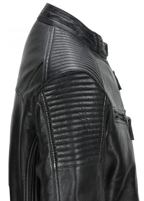 Men's Black Vintage Biker Style Waxed Sheep Skin Fashion Jacket