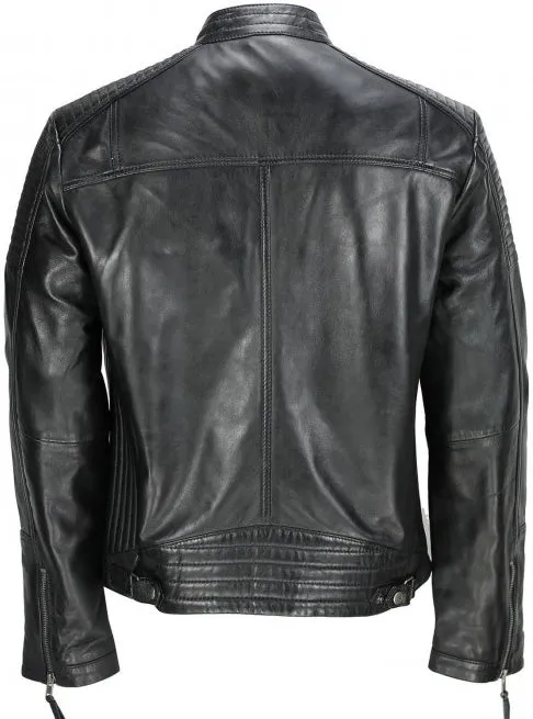 Men's Black Vintage Biker Style Waxed Sheep Skin Fashion Jacket