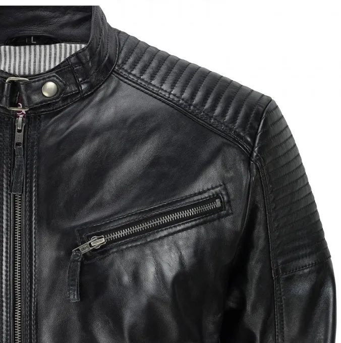 Men's Black Vintage Biker Style Waxed Sheep Skin Fashion Jacket