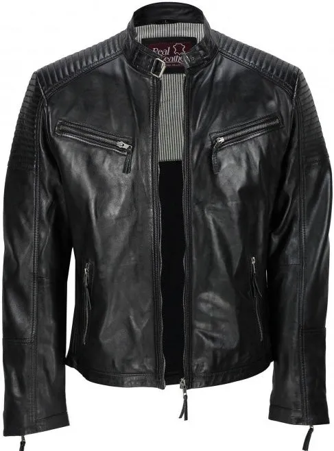 Men's Black Vintage Biker Style Waxed Sheep Skin Fashion Jacket