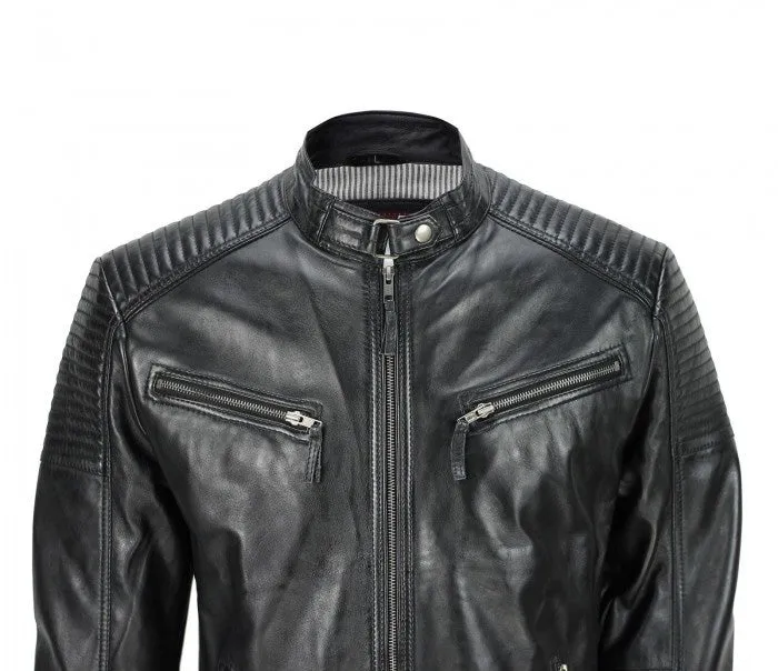 Men's Black Vintage Biker Style Waxed Sheep Skin Fashion Jacket