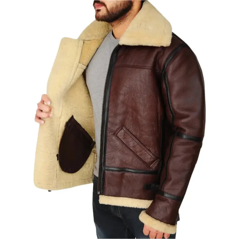 Men's Brown Shearling B3 Bomber Jacket – Classic & Warm Aviator Style