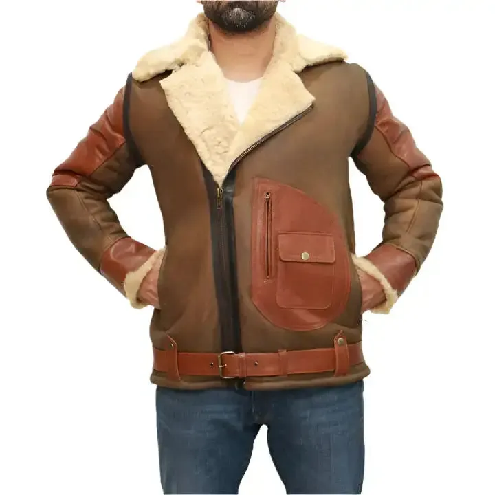 Men's Brown Sheepskin Bomber Jacket – Classic & Warm Style