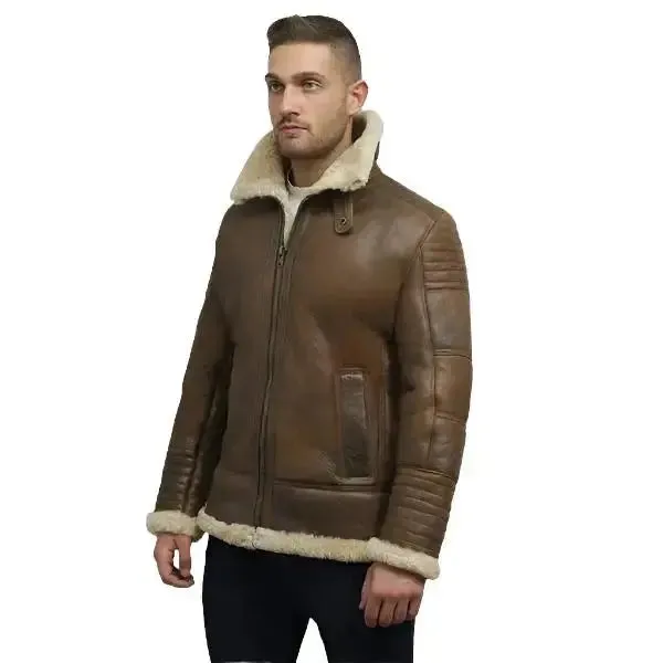 Men's Brown Sheepskin Flying Jacket Classic Aviator Style