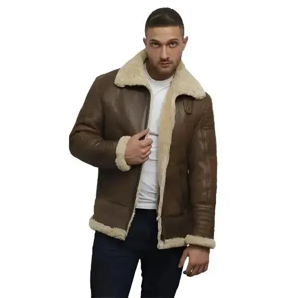 Men's Brown Sheepskin Flying Jacket Classic Aviator Style