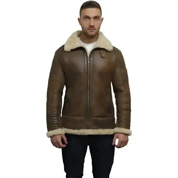 Men's Brown Sheepskin Flying Jacket Classic Aviator Style