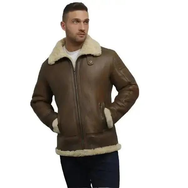 Men's Brown Sheepskin Flying Jacket Classic Aviator Style