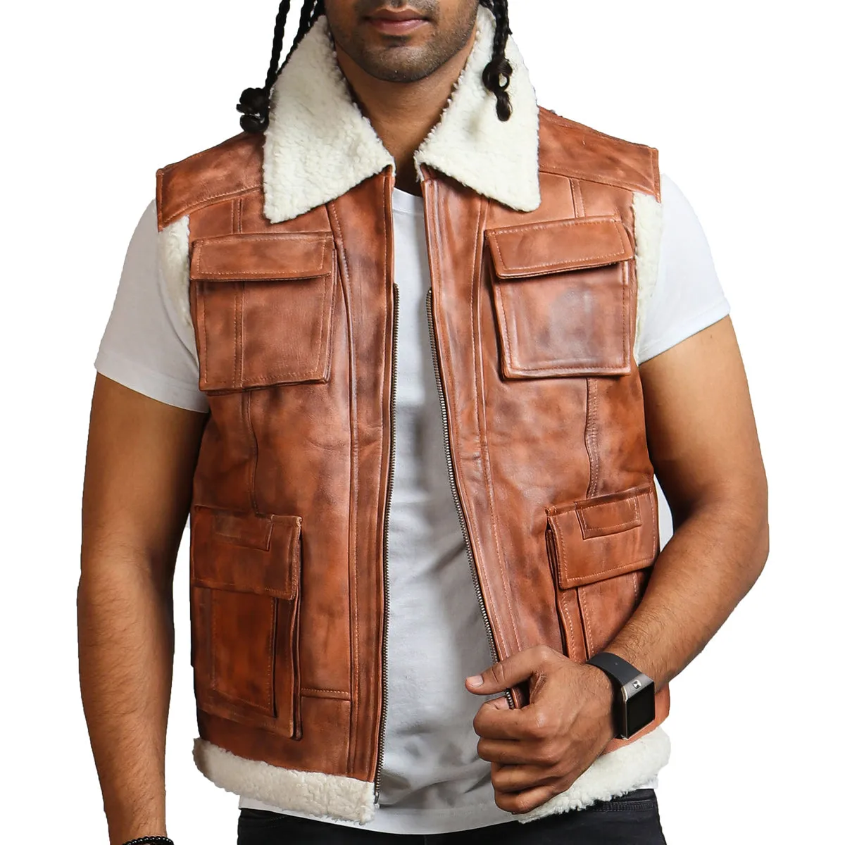 Men's Brown Winter Leather Vest with Shearling Fur Lining and Multiple Pockets