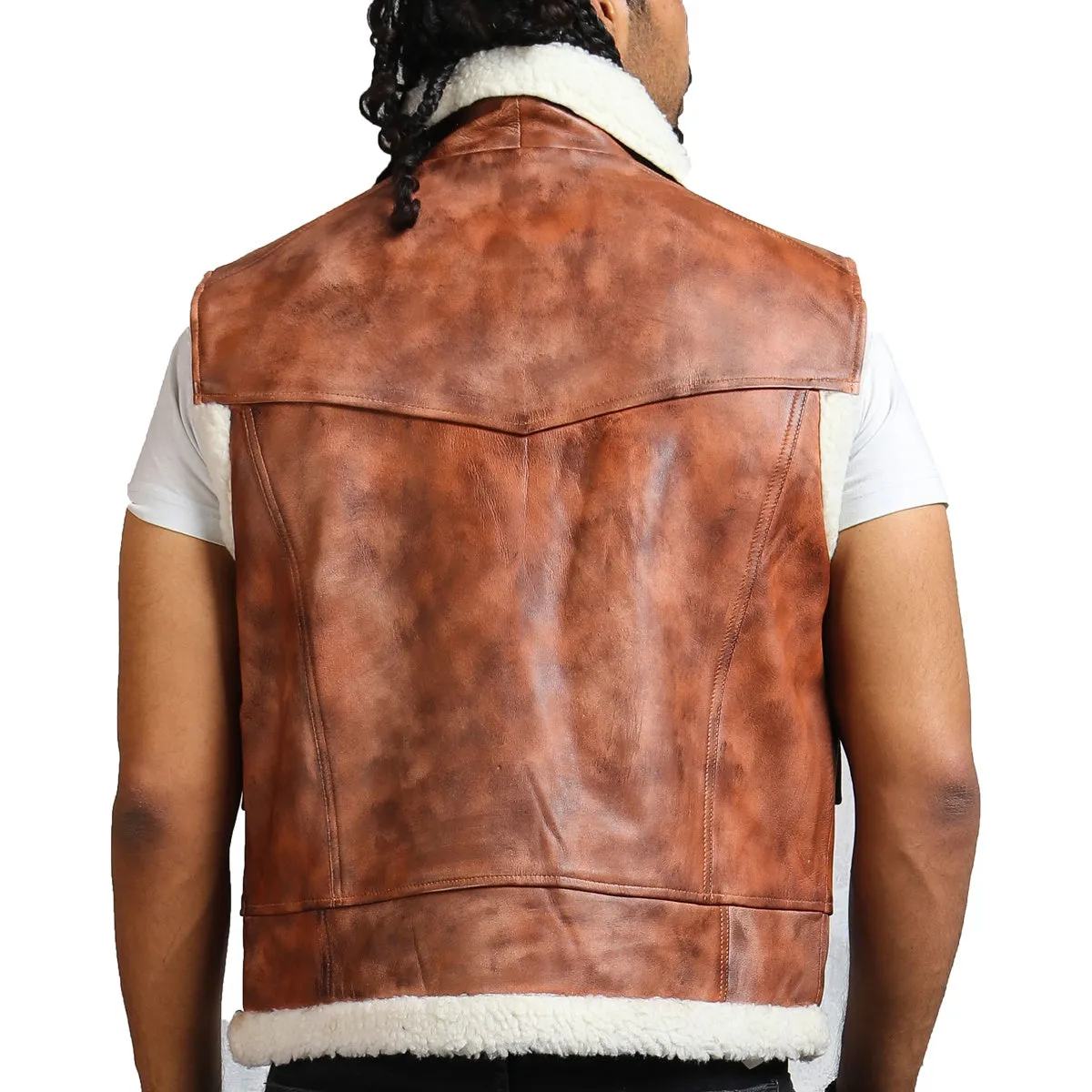 Men's Brown Winter Leather Vest with Shearling Fur Lining and Multiple Pockets