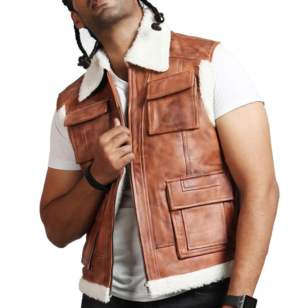 Men's Brown Winter Leather Vest with Shearling Fur Lining and Multiple Pockets