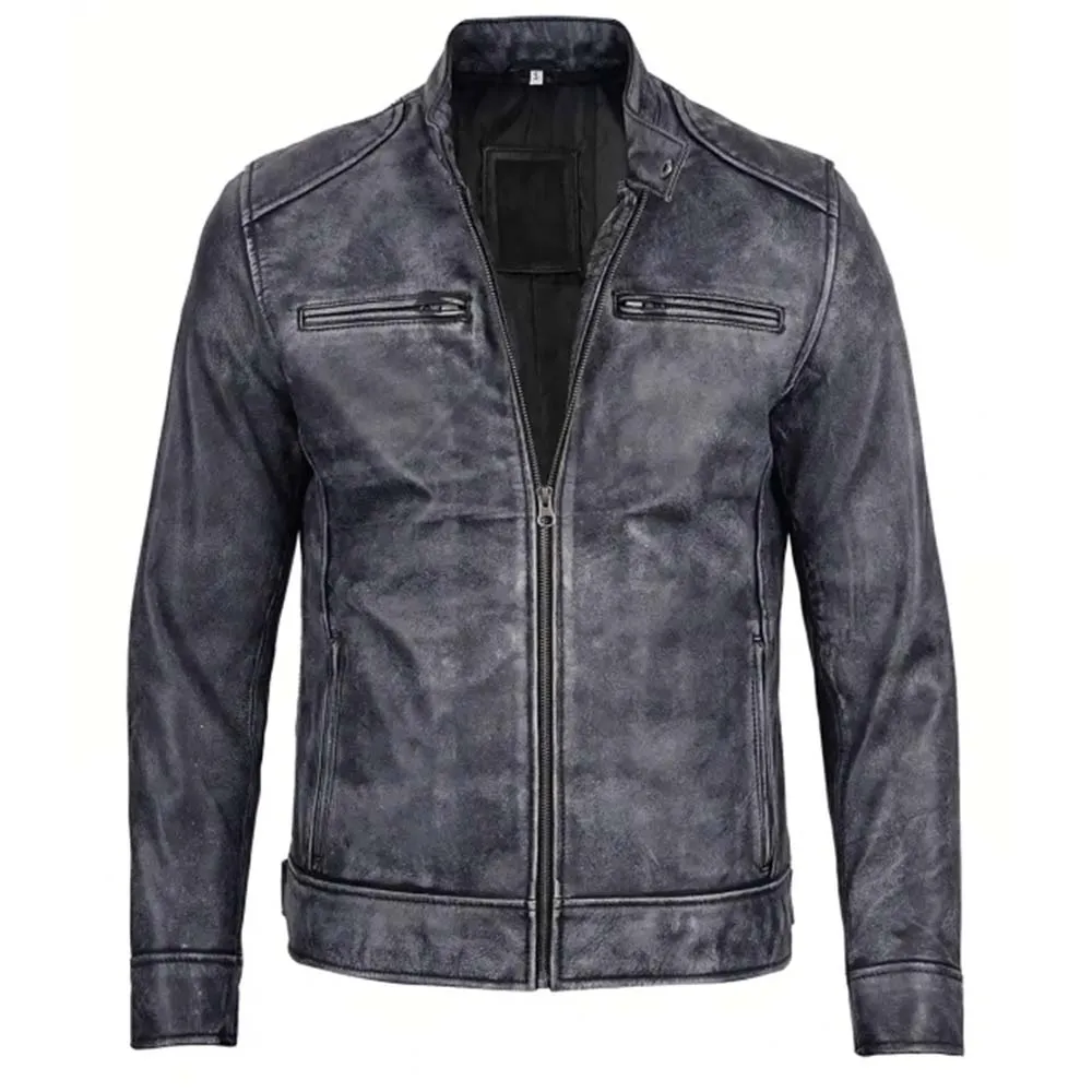 Mens Dodge Black and White Waxed Racer Leather Jacket
