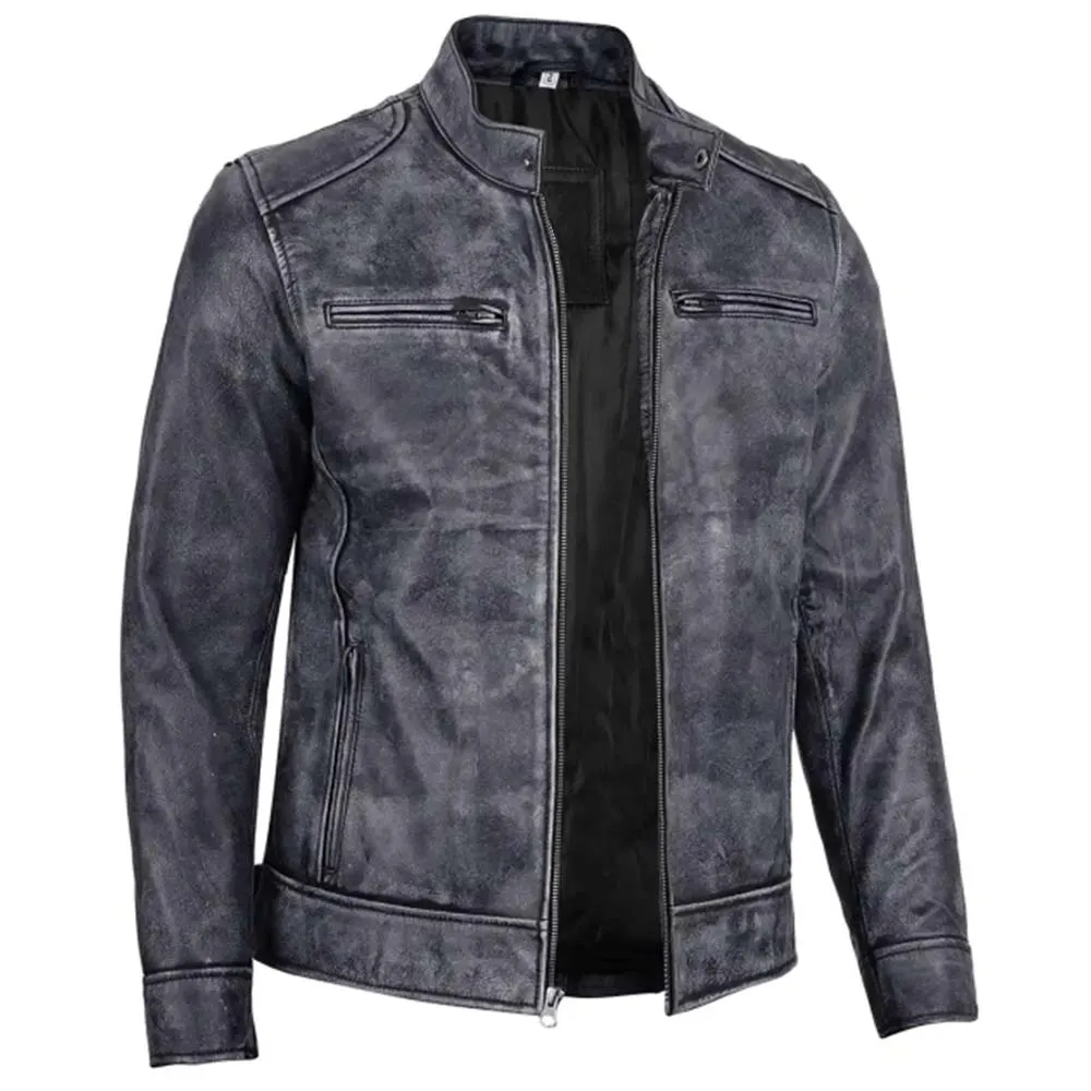 Mens Dodge Black and White Waxed Racer Leather Jacket