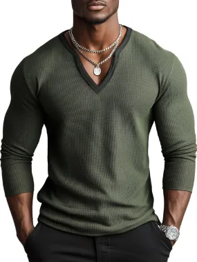 Men's V-Neck Contrast Waffle Long-Sleeved T-Shirt