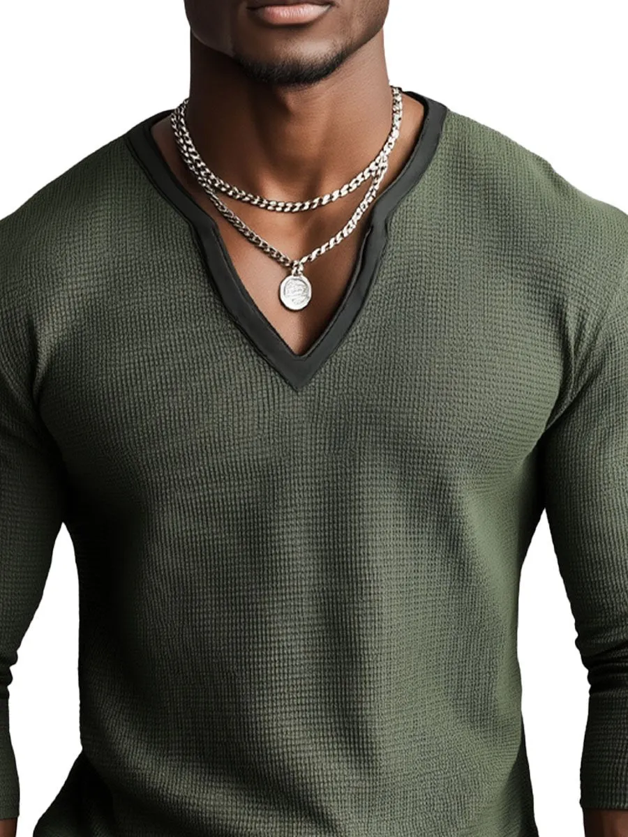 Men's V-Neck Contrast Waffle Long-Sleeved T-Shirt